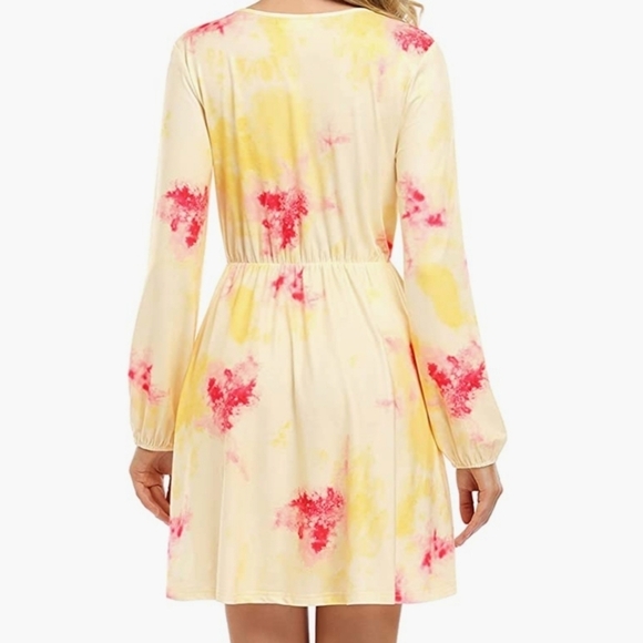 Leadingstar Yellow Tie-Dyed Long Sleeve Surplice Neckline Dress Size Large - Picture 3 of 9
